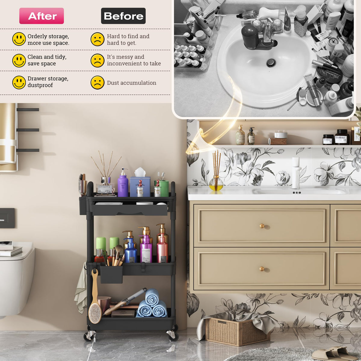 Goovilla Rolling Makeup Organizer Cart in a bathroom setting