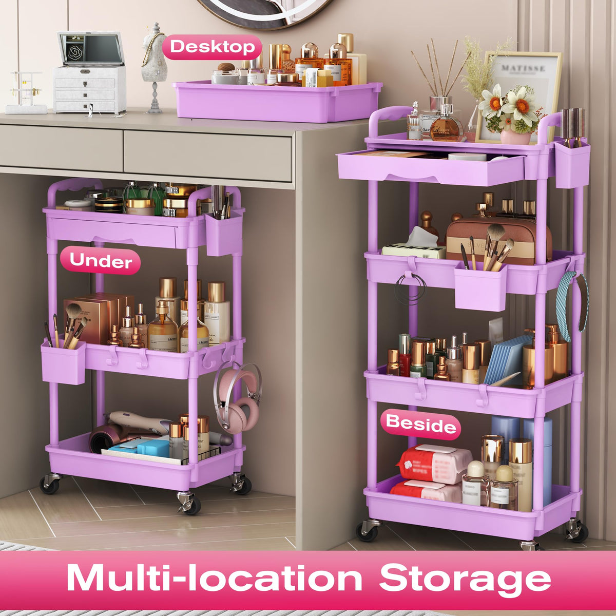 Goovilla Rolling Makeup Organizer Cart in a beauty studio setting