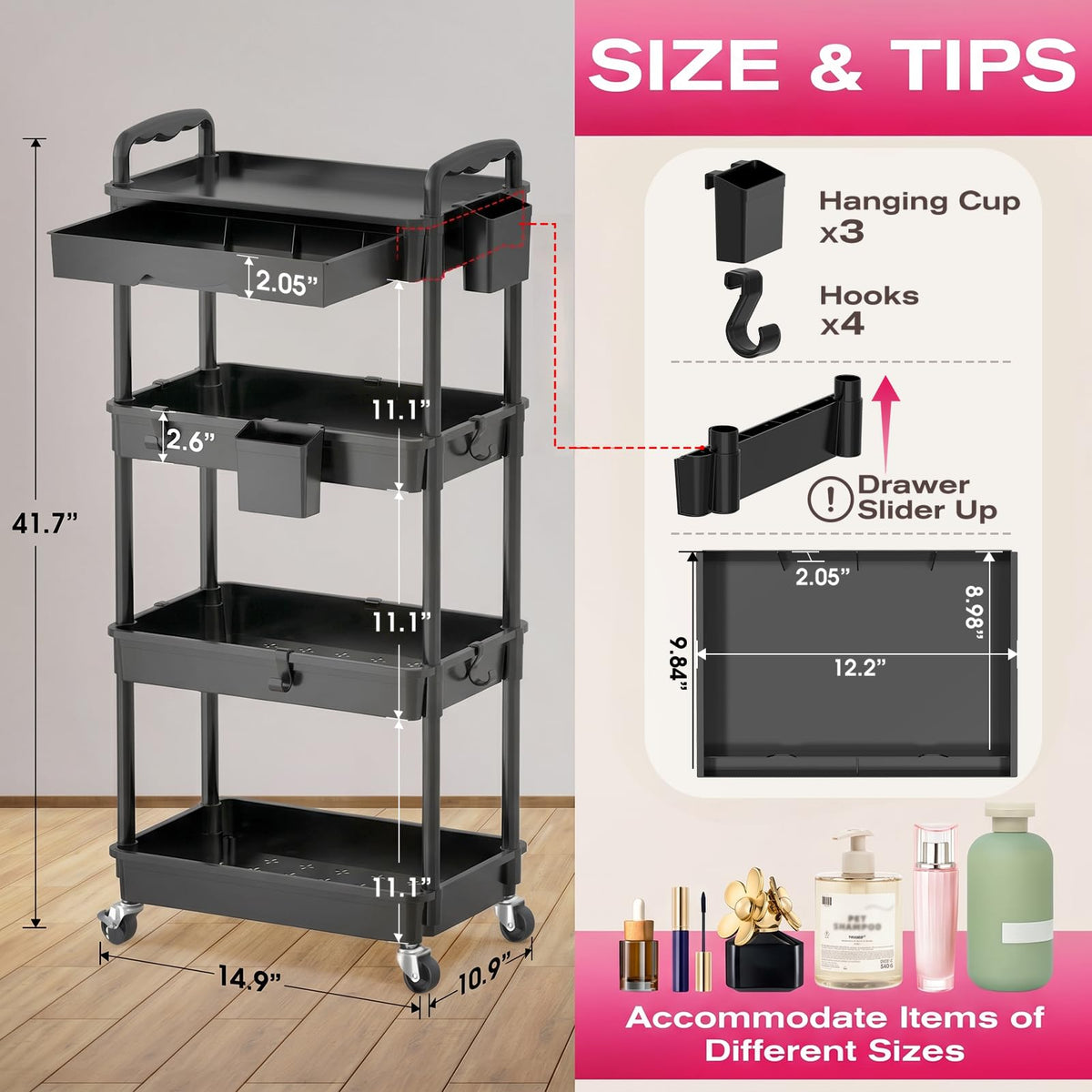 Goovilla Rolling Makeup Organizer Cart side view showing removable drawer
