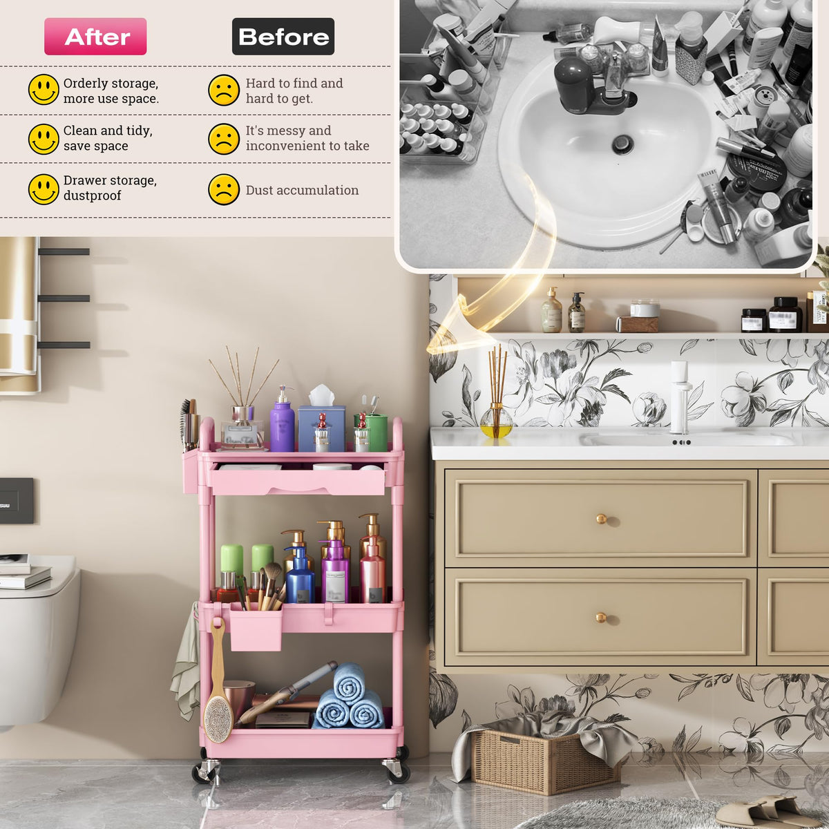 Goovilla Rolling Makeup Organizer Cart with hooks and cups