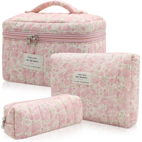 Gosect 3pc Makeup Bag Set in pink floral design, front view