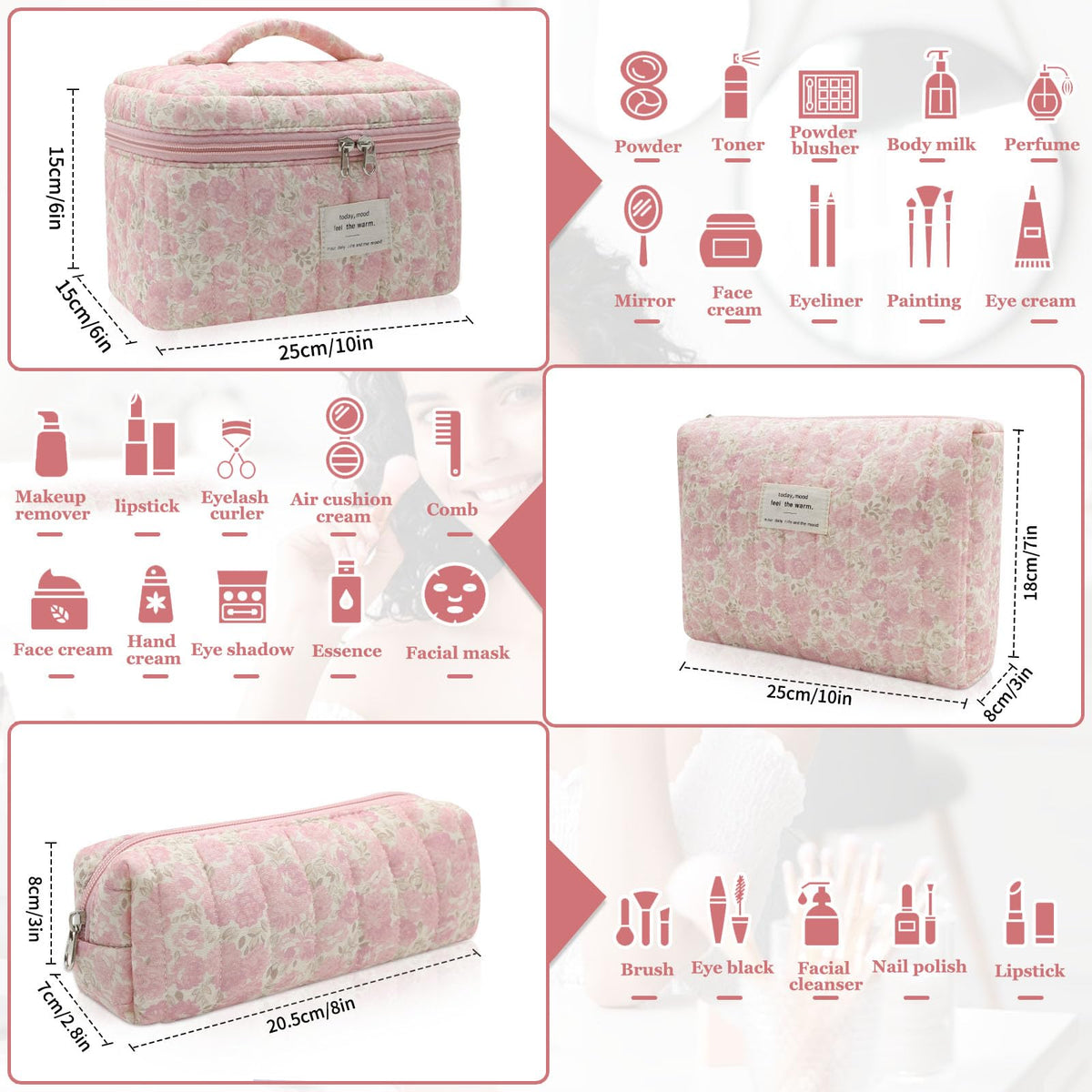 Gosect large floral makeup bag, top view