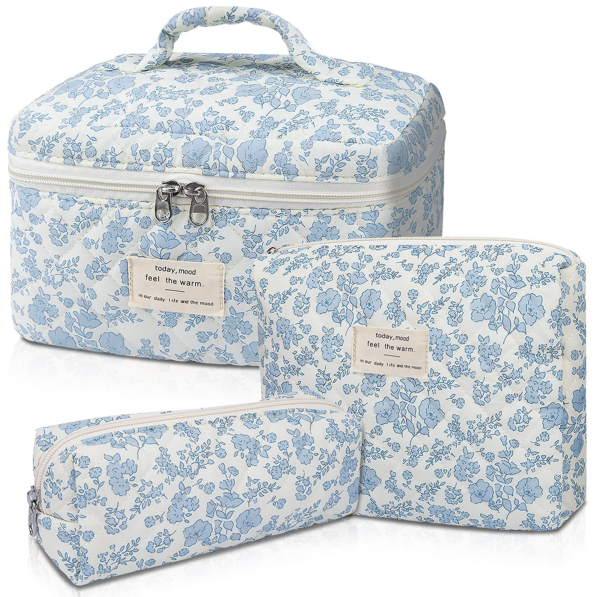 Gosect Makeup Bag Set in blue floral design, front view