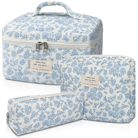 Gosect Makeup Bag Set in blue floral design, front view