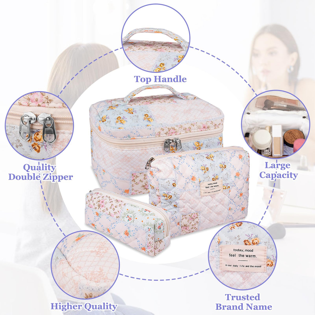 Gosect Makeup Bag Set small floral bag close-up