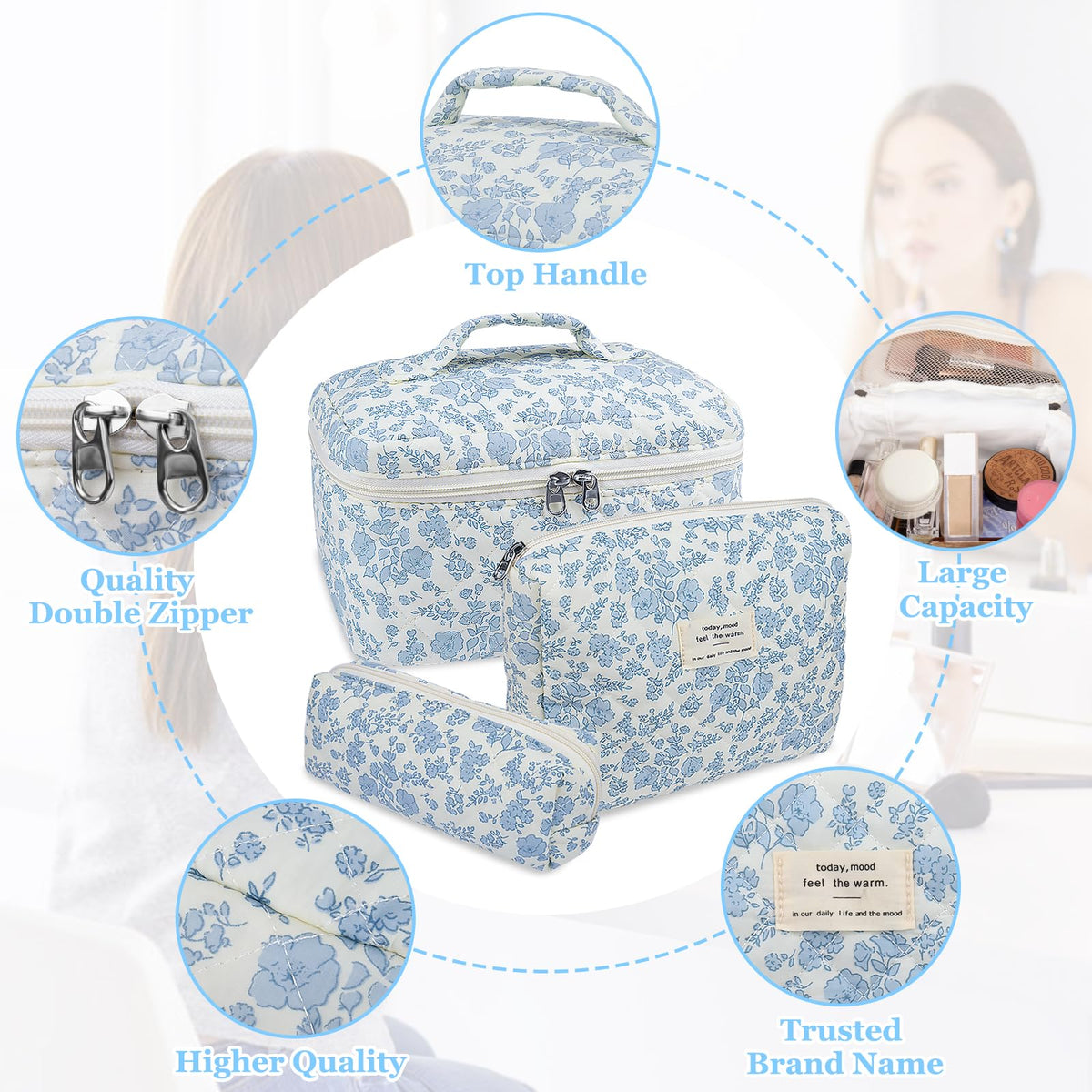 Gosect Makeup Bag Set with open zipper, showcasing interior