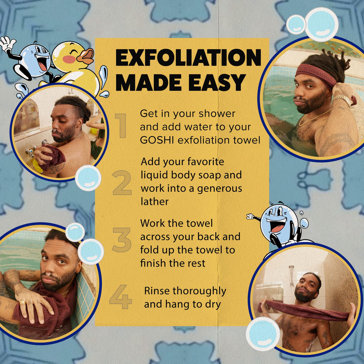 GOSHI Exfoliating Shower Towel displayed with other bath accessories