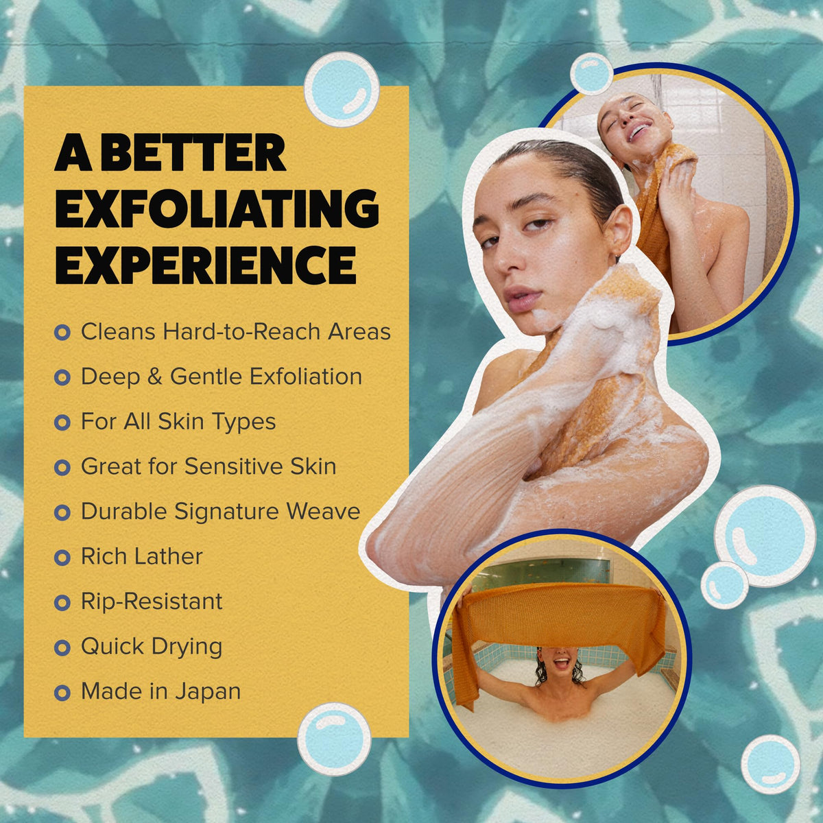 GOSHI Exfoliating Shower Towel hanging in a bathroom setting