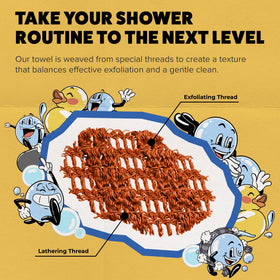 GOSHI Exfoliating Shower Towel rolled up on a shelf