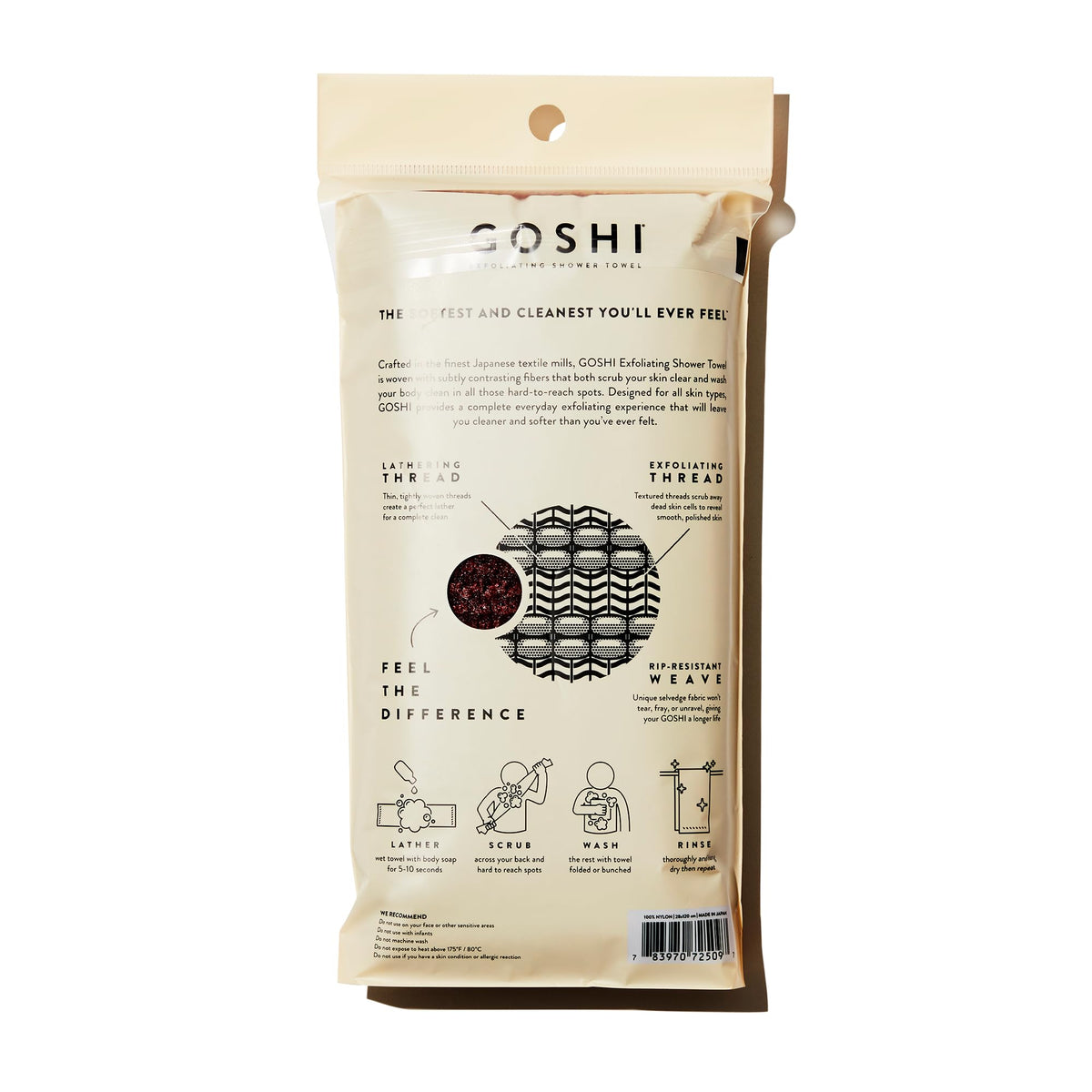 GOSHI Exfoliating Shower Towel showing textured scrub side