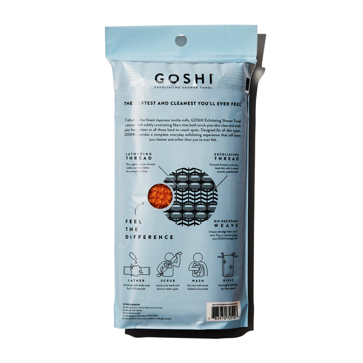 GOSHI Exfoliating Shower Towel showing textured scrub side