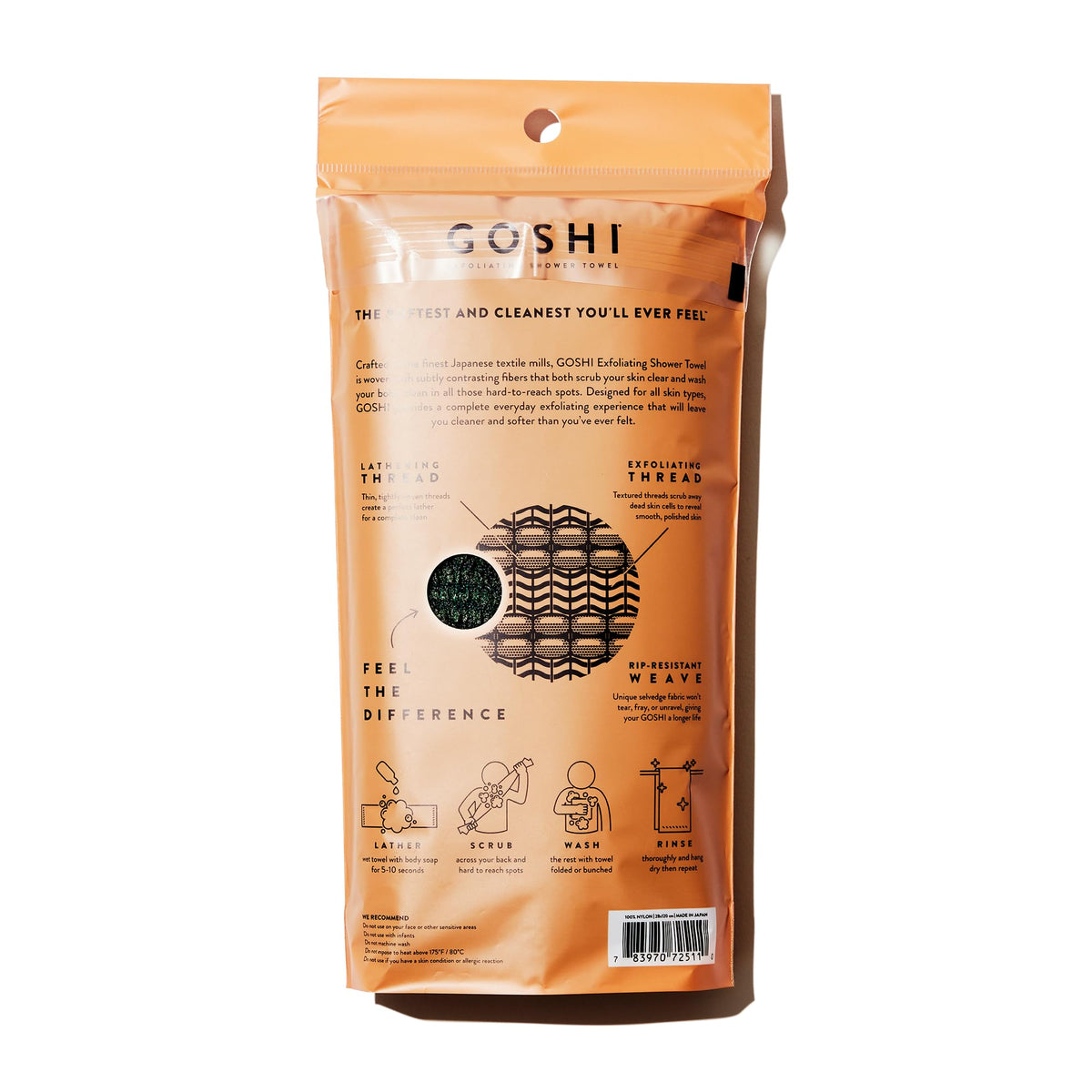 GOSHI Exfoliating Shower Towel showing textured scrub surface