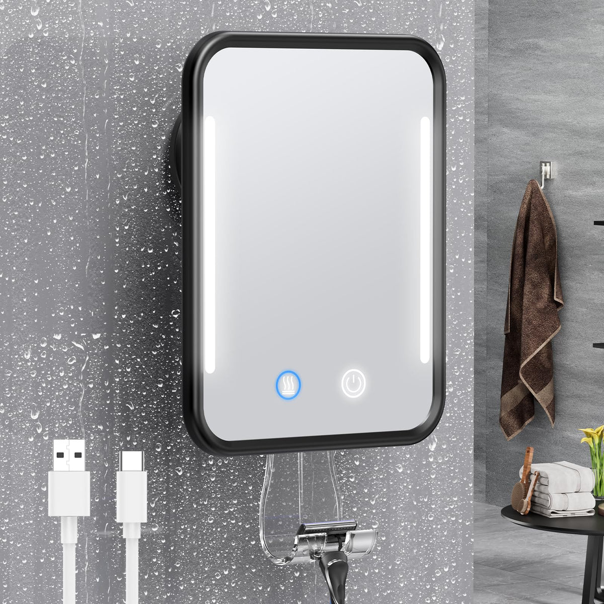 Gospire Heated Shower Mirror front view with bright light