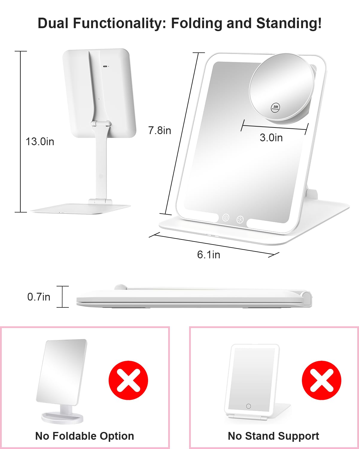 Gospire Travel Makeup Mirror side view showing adjustable stand