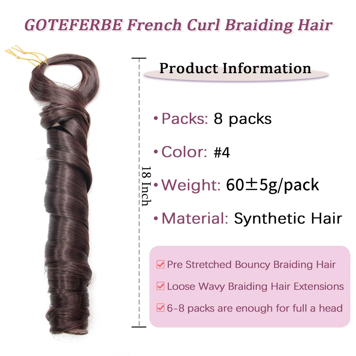 GOTEFERBE French Curl Braiding Hair 18 Inch packaging display
