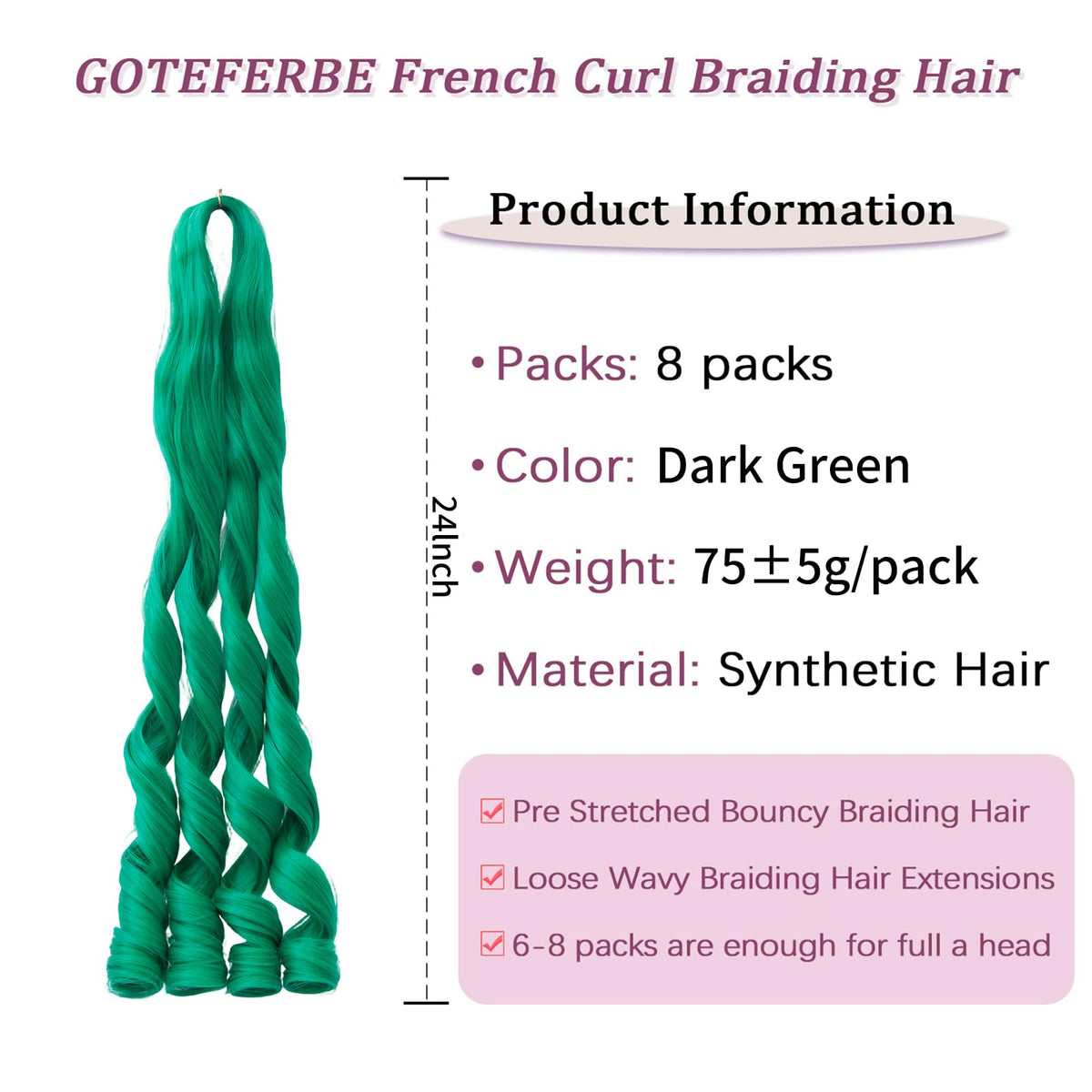 GOTEFERBE French Curl Braiding Hair 24 inch dark green texture close-up