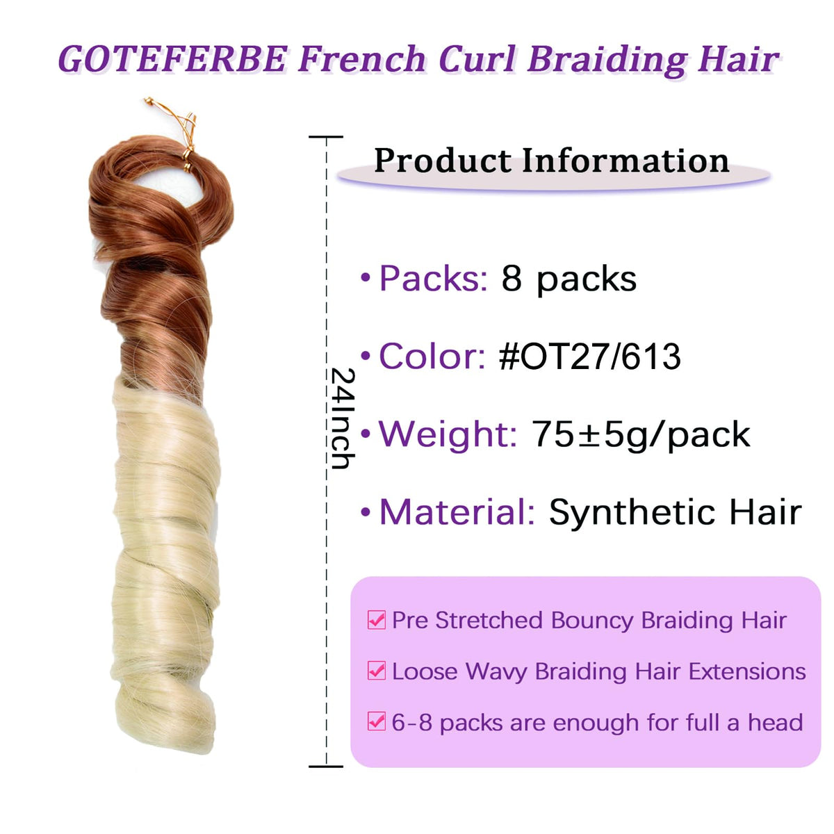 GOTEFERBE French Curl Braiding Hair 24 Inch displayed with multiple packs