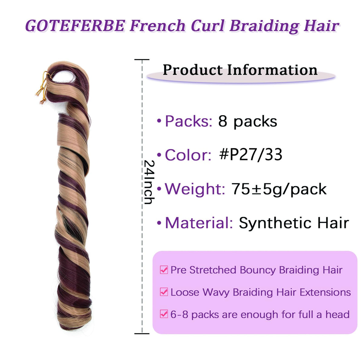 GOTEFERBE French Curl Braiding Hair 24 Inch packaging
