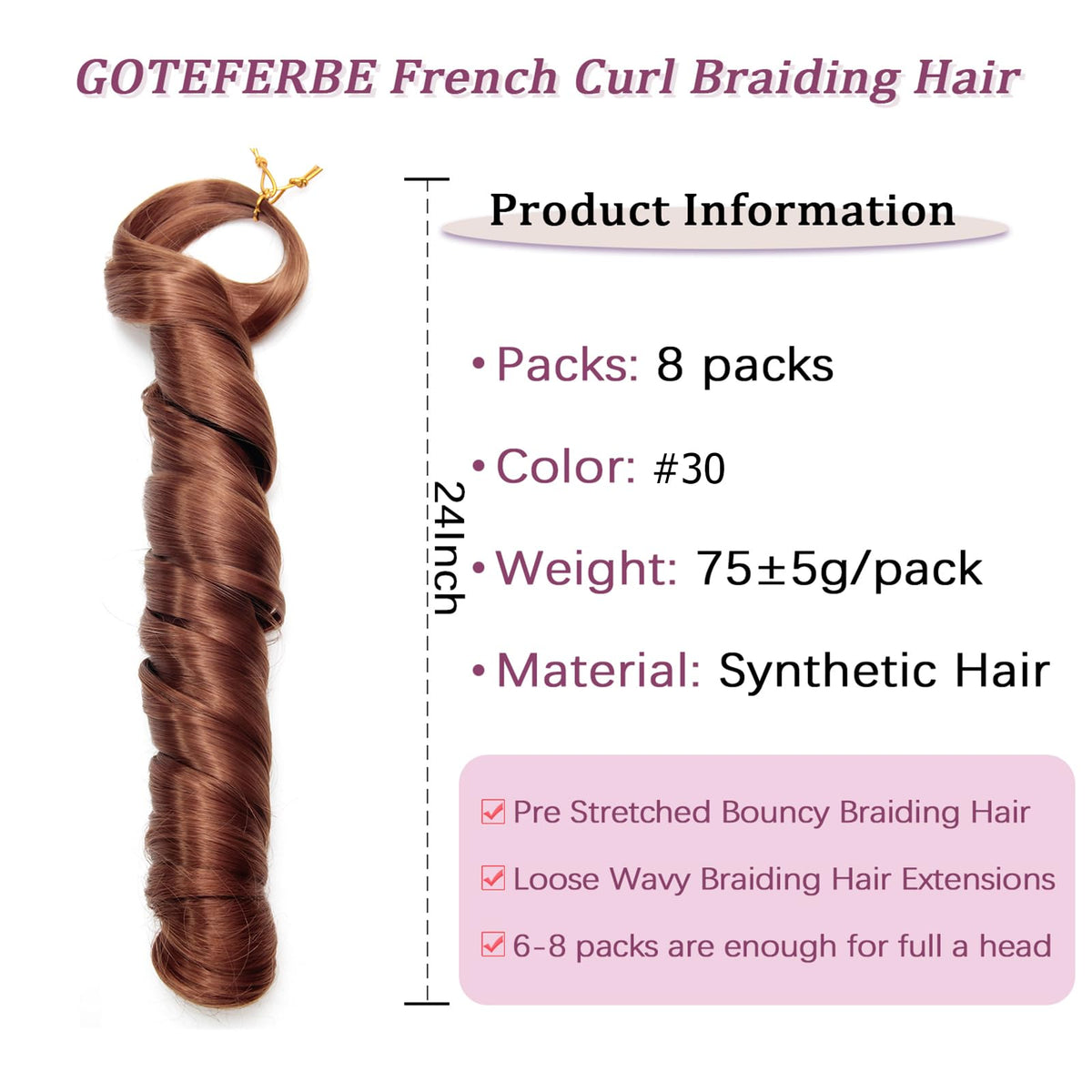 GOTEFERBE French Curl Braiding Hair 24 Inch packaging