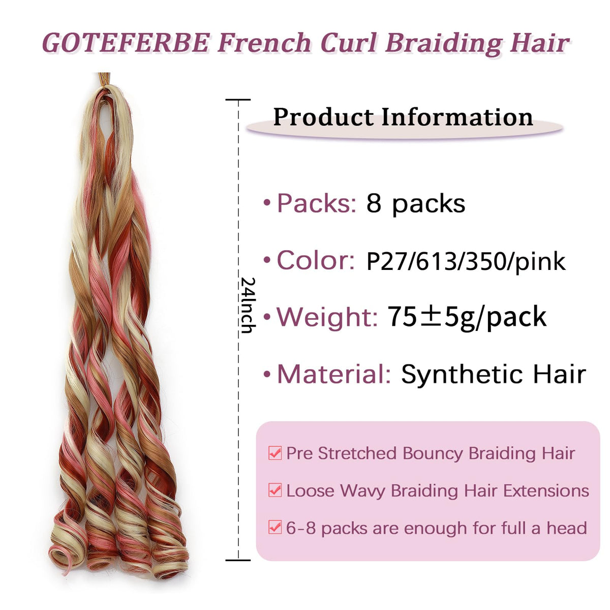 GOTEFERBE French Curl Braiding Hair 24 Inch packaging