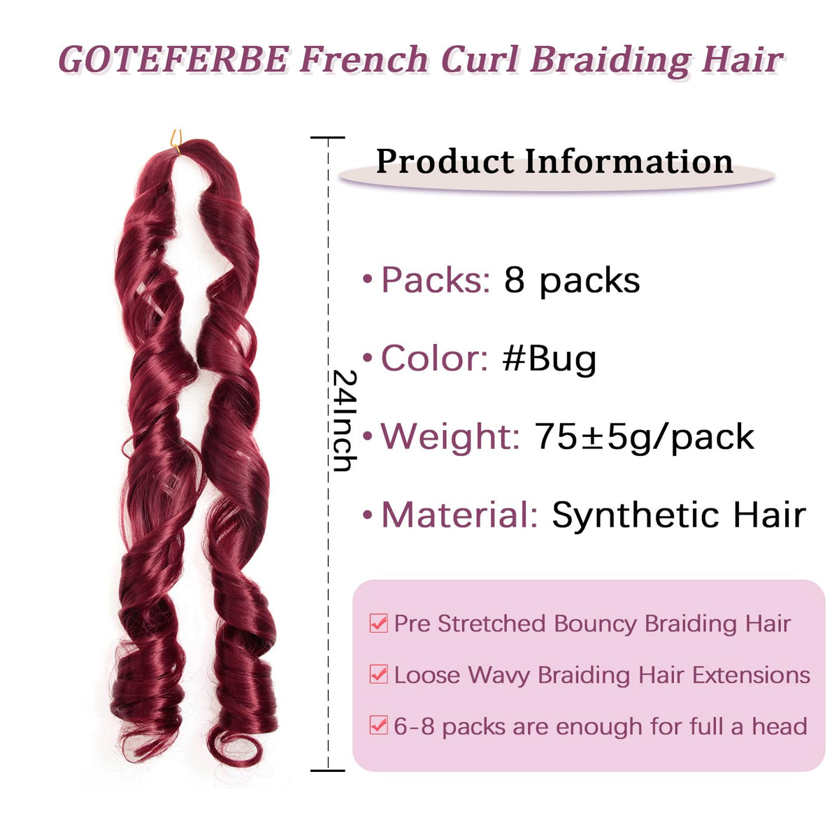 GOTEFERBE French Curl Braiding Hair 24 Inch packaging