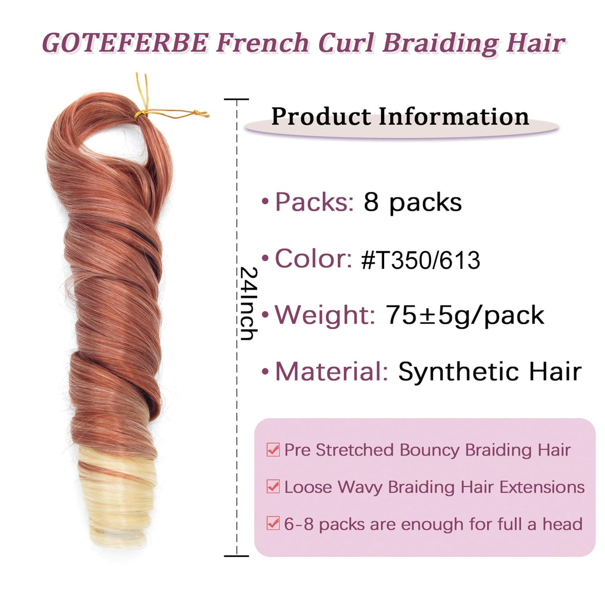 GOTEFERBE French Curl Braiding Hair 8 packs display