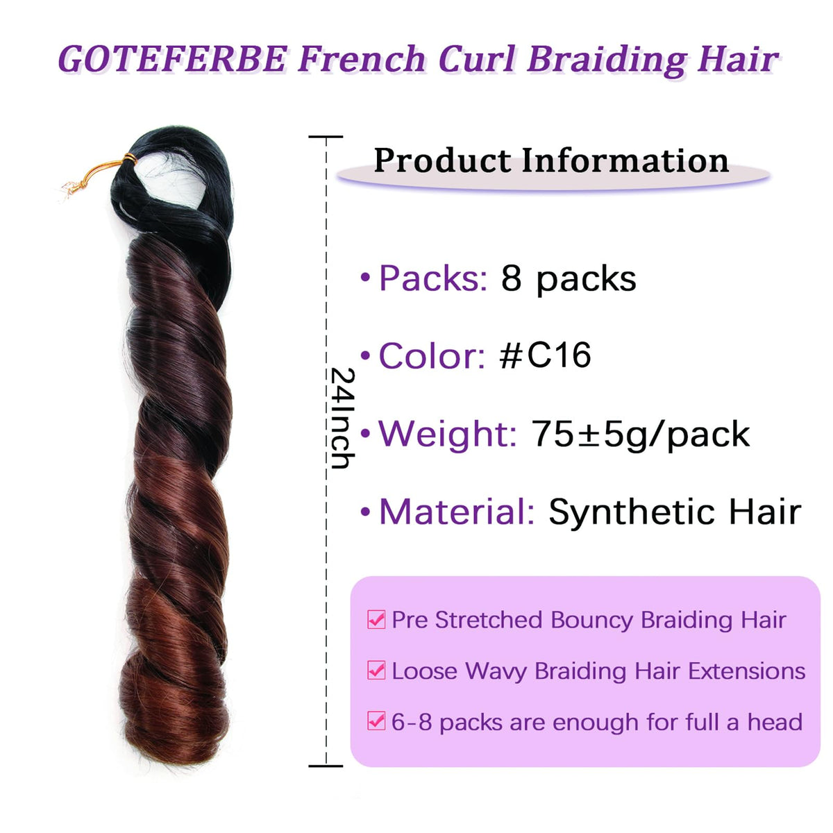 GOTEFERBE French Curl Braiding Hair 8 packs display