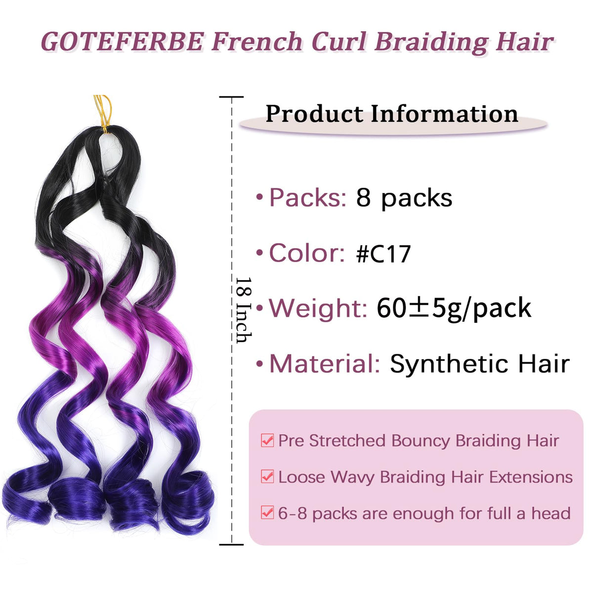 GOTEFERBE French Curl Braiding Hair 8 packs display