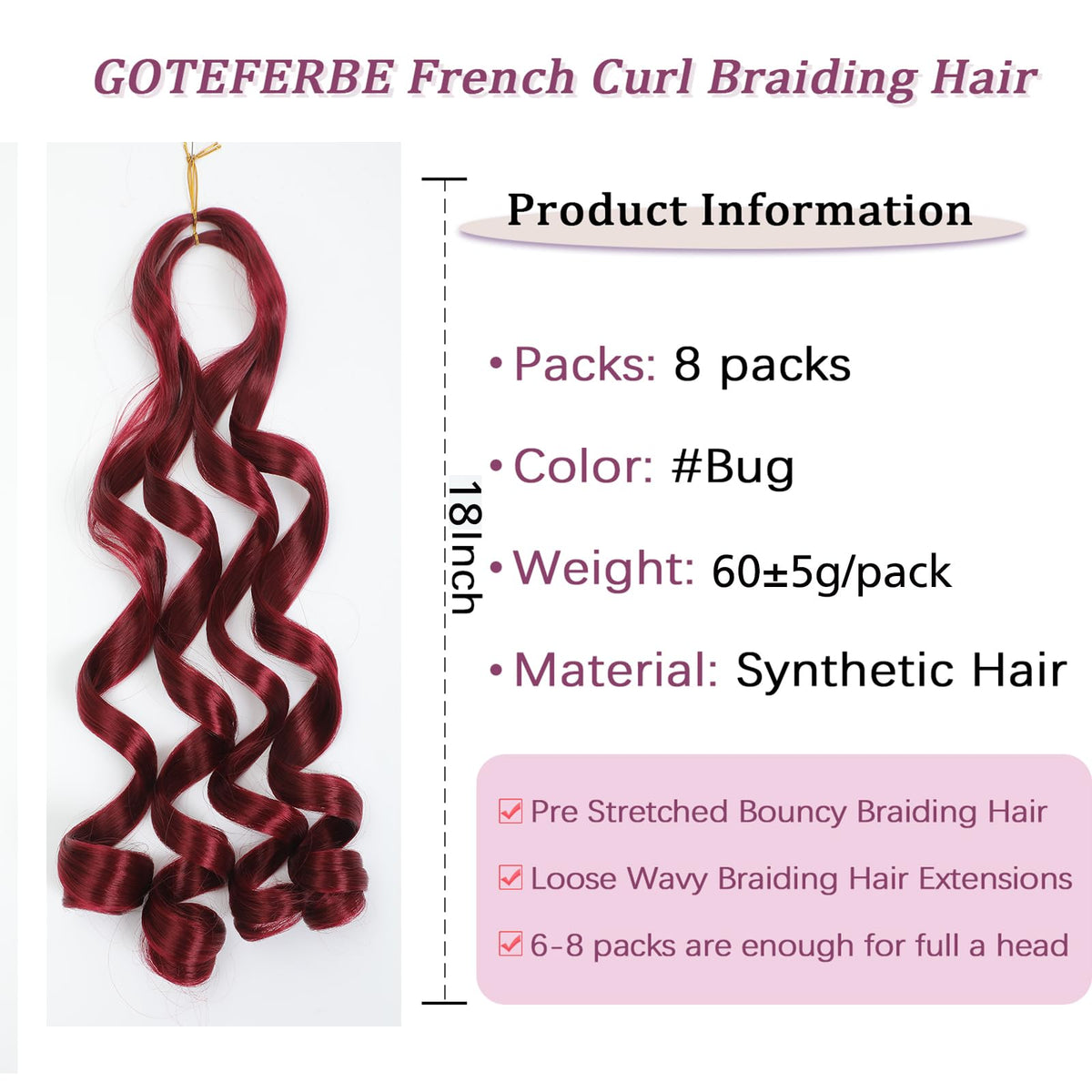 GOTEFERBE French Curl Braiding Hair 8 packs display