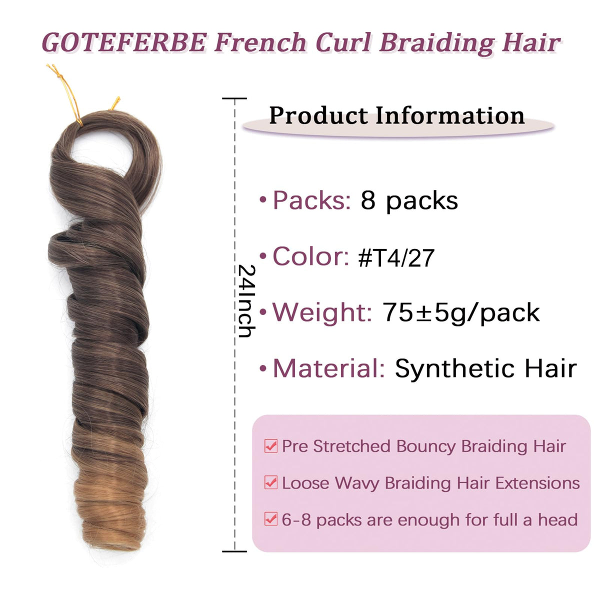 GOTEFERBE French Curl Braiding Hair Extensions 24 Inch T4/27 packaging