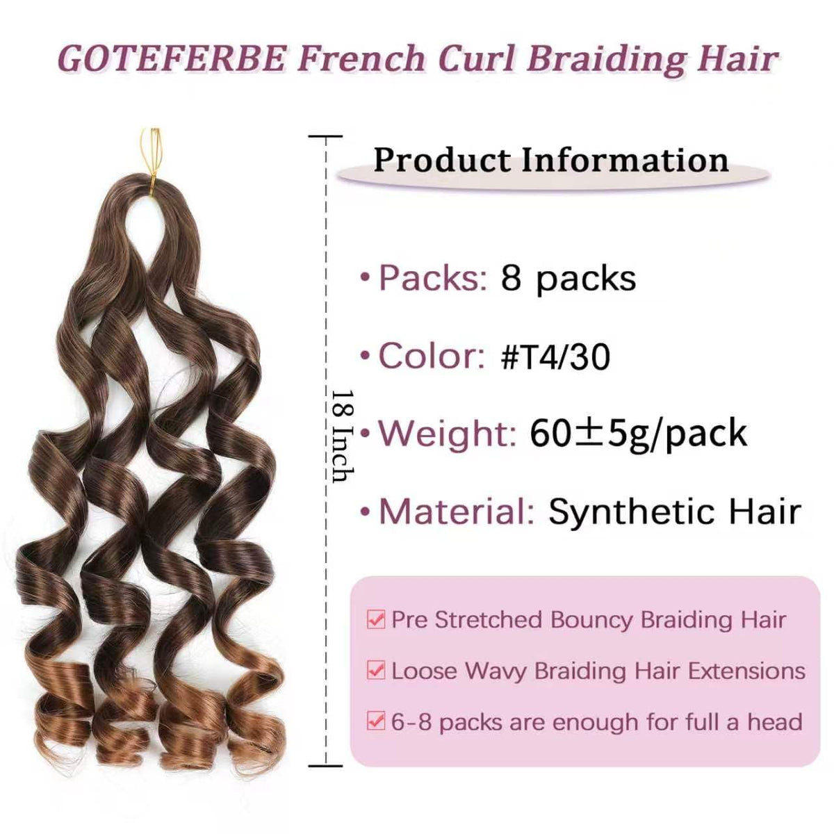 GOTEFERBE French Curl Crochet Braiding Hair 18 Inch close-up of texture