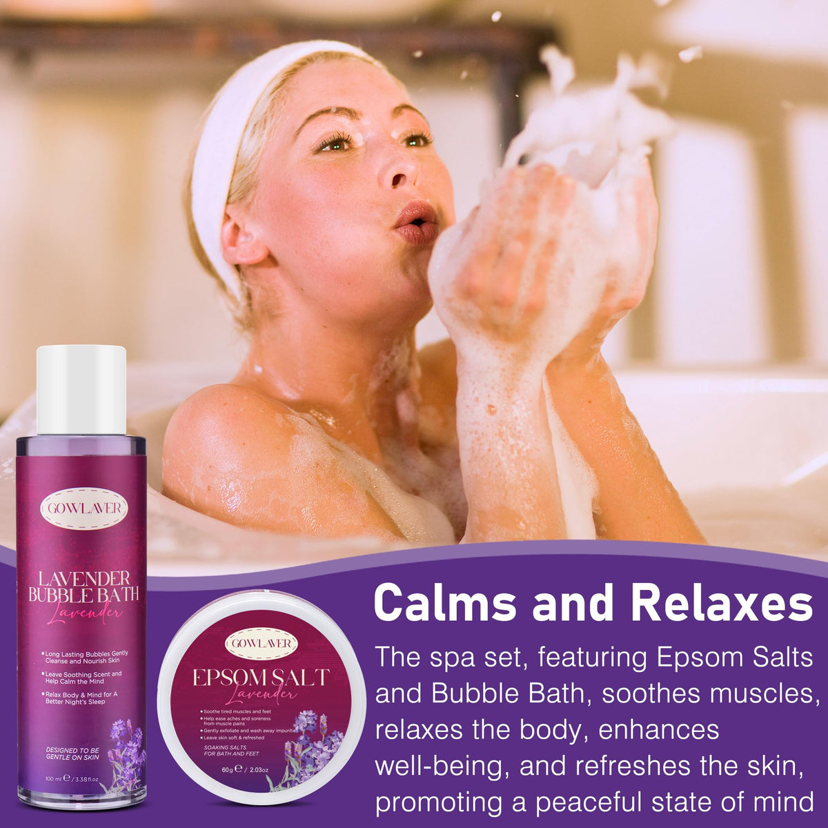 GOWLAVER Spa Gift Set packaging with lavender theme