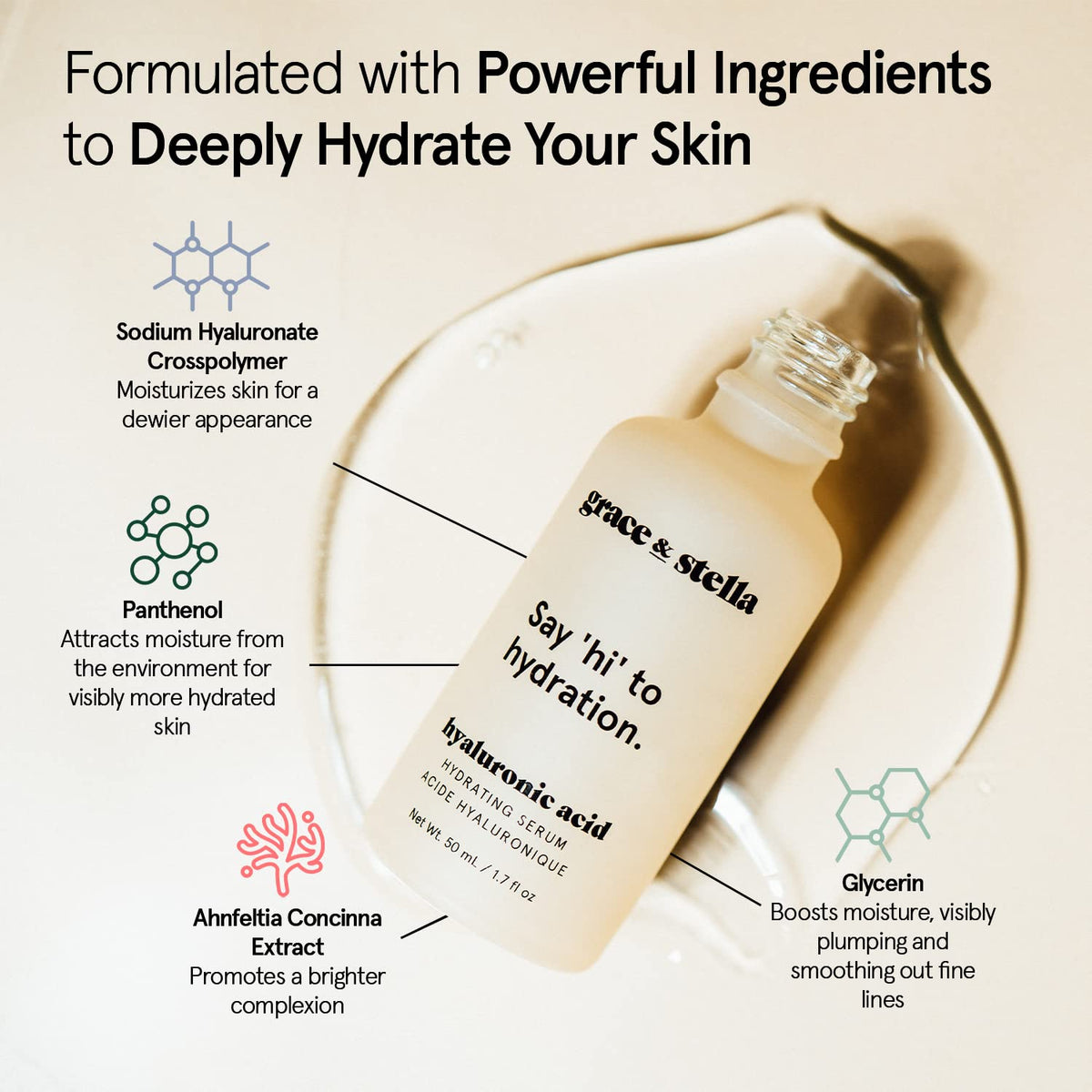 grace & stella Hyaluronic Acid Serum 50ml on a bathroom counter