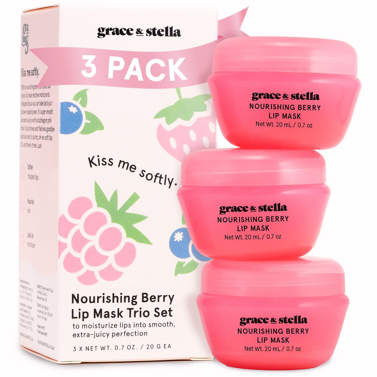 grace & stella Lip Butter 3-Pack front view with berry packaging