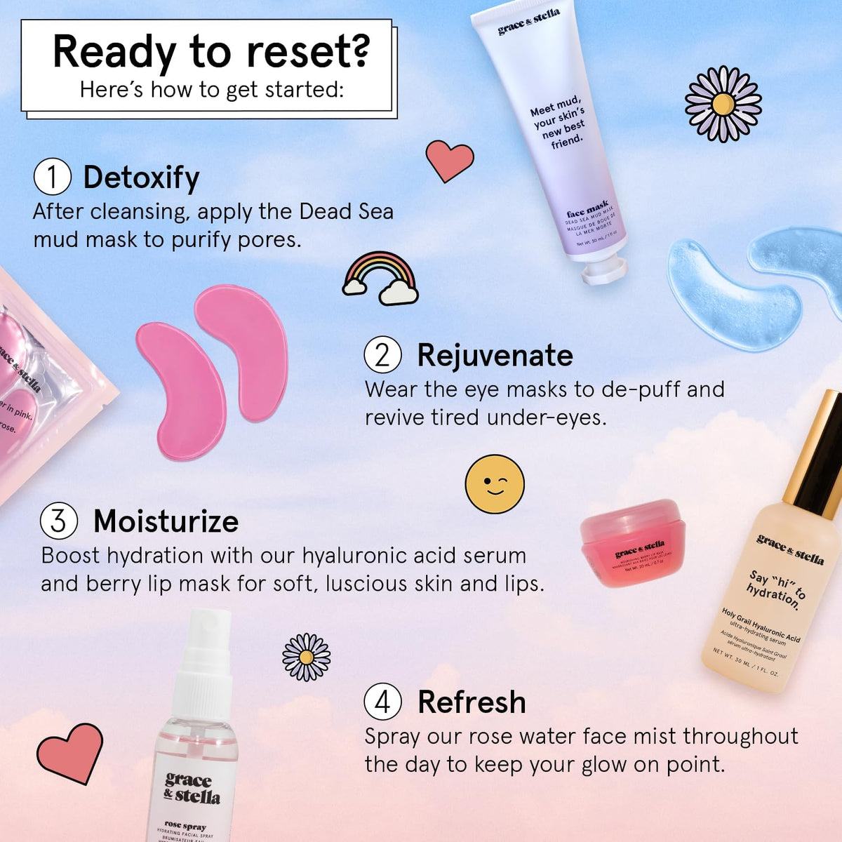 grace & stella rosewater spray being applied on a woman's face