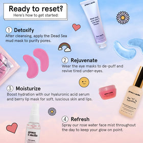 grace & stella rosewater spray being applied on a woman's face