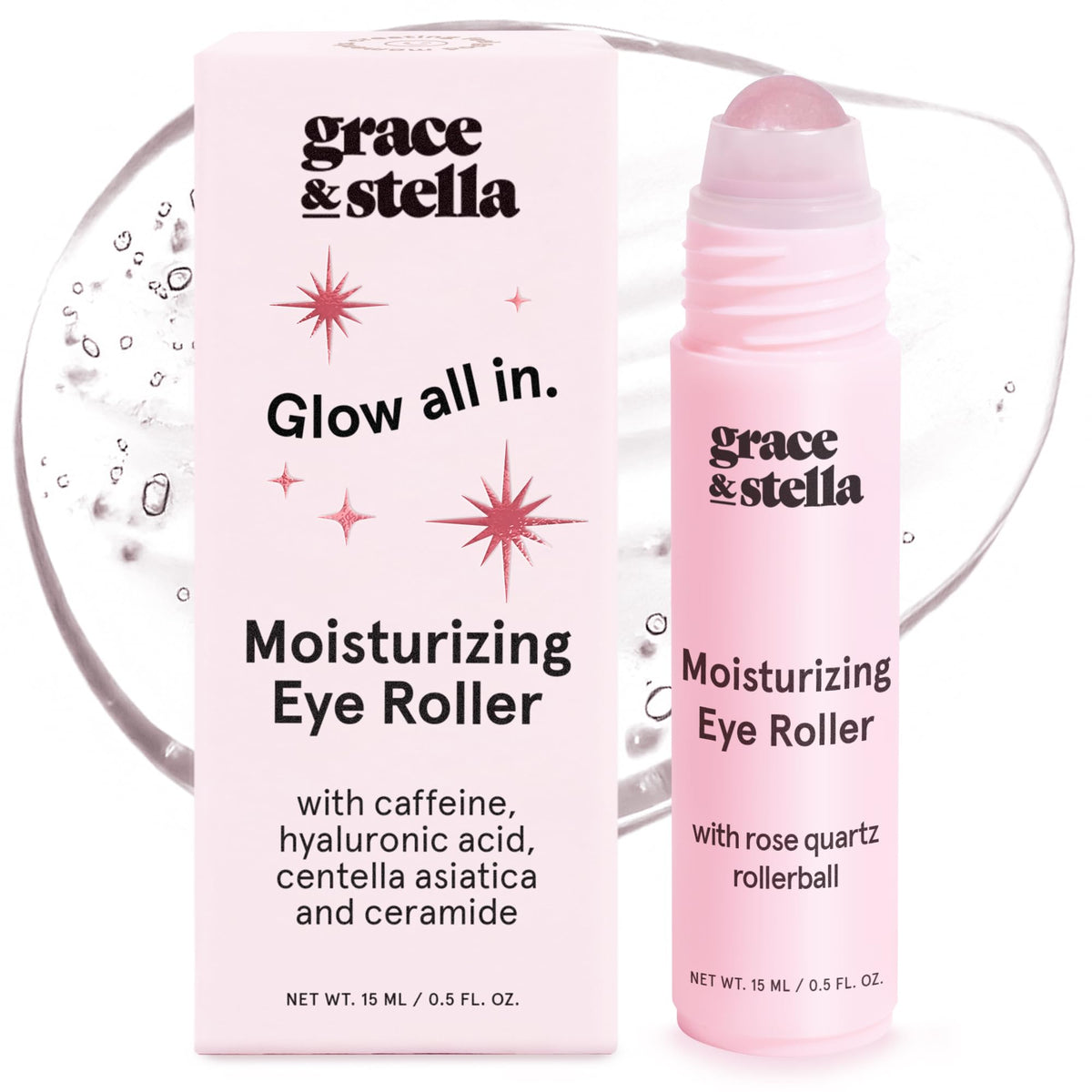 grace & stella Under Eye Brightener with Rose Quartz Rollerball front view