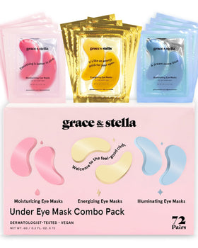 grace & stella Under Eye Mask gold, pink, and blue patches front view