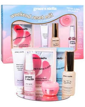 grace & stella Weekend Reset Edit gift set front view with colorful packaging