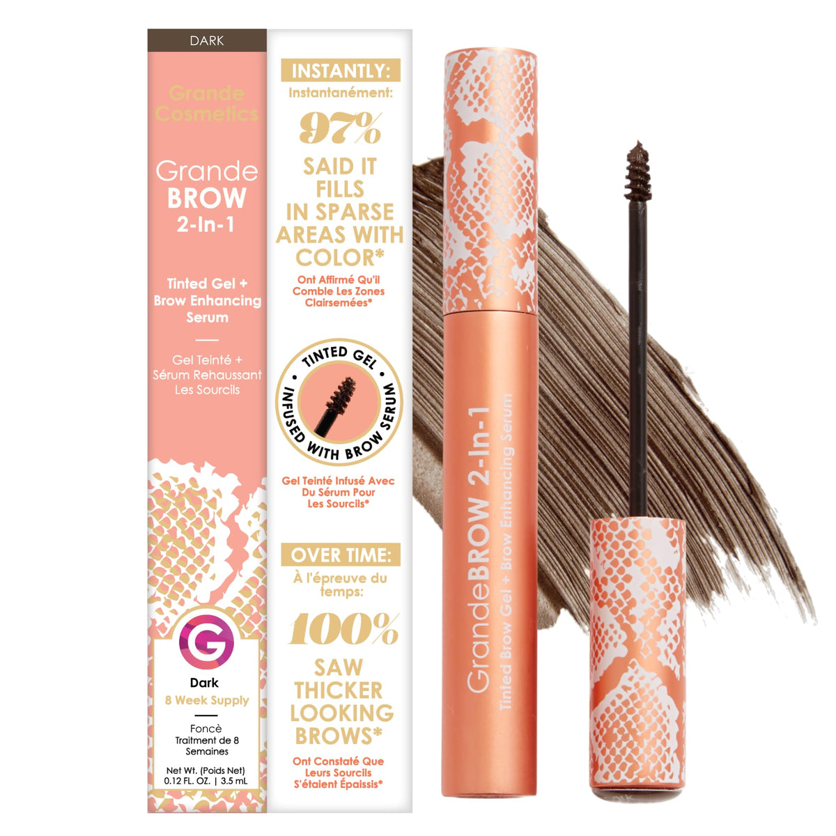 Grande Cosmetics GrandeBROW 2-in-1 Tinted Brow Gel & Serum, Dark front view