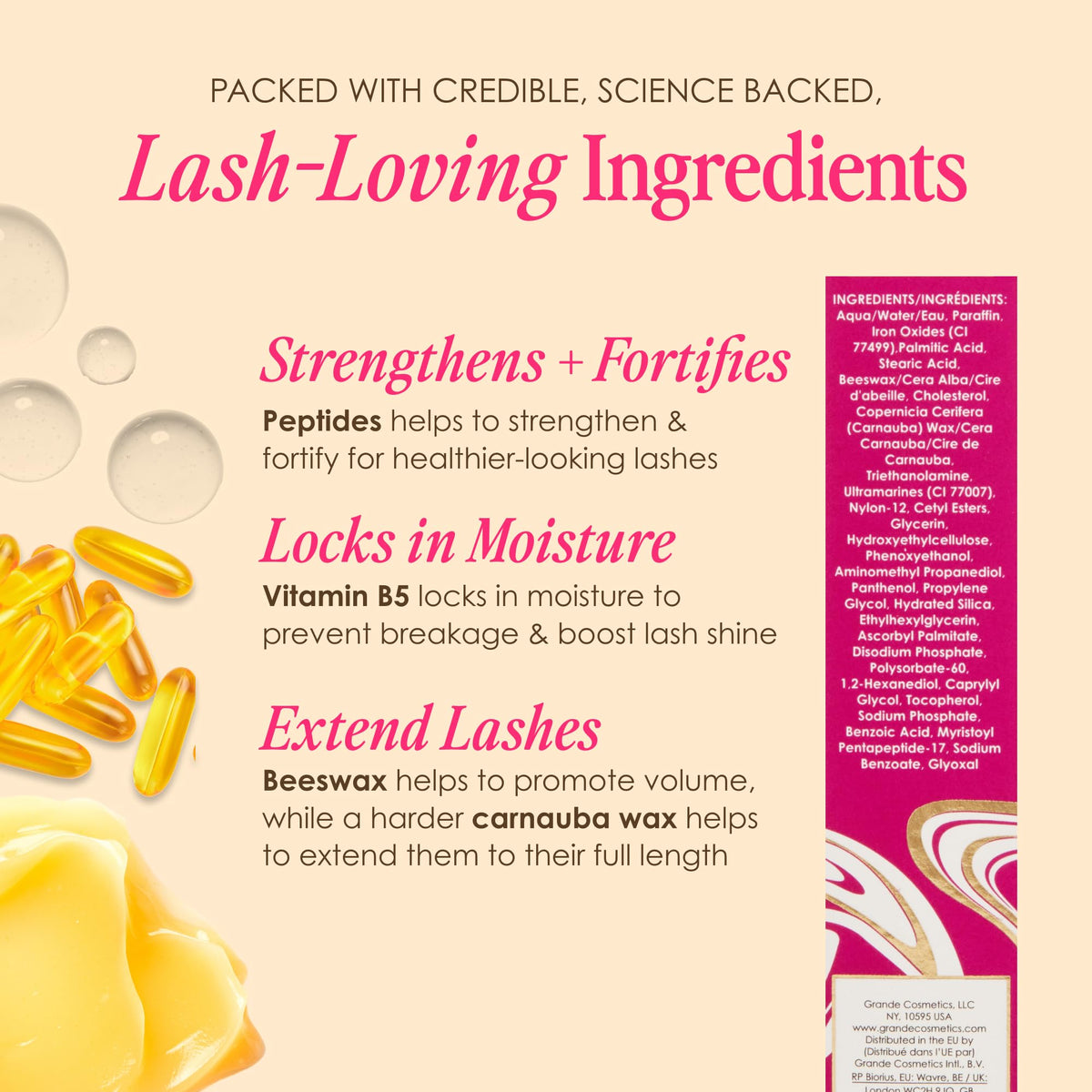 GrandeMASCARA Conditioning Peptide Mascara with ingredients list on display