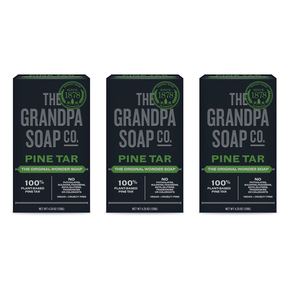 Grandpa's Pine Tar Bar Soap 3-Pack front view with packaging