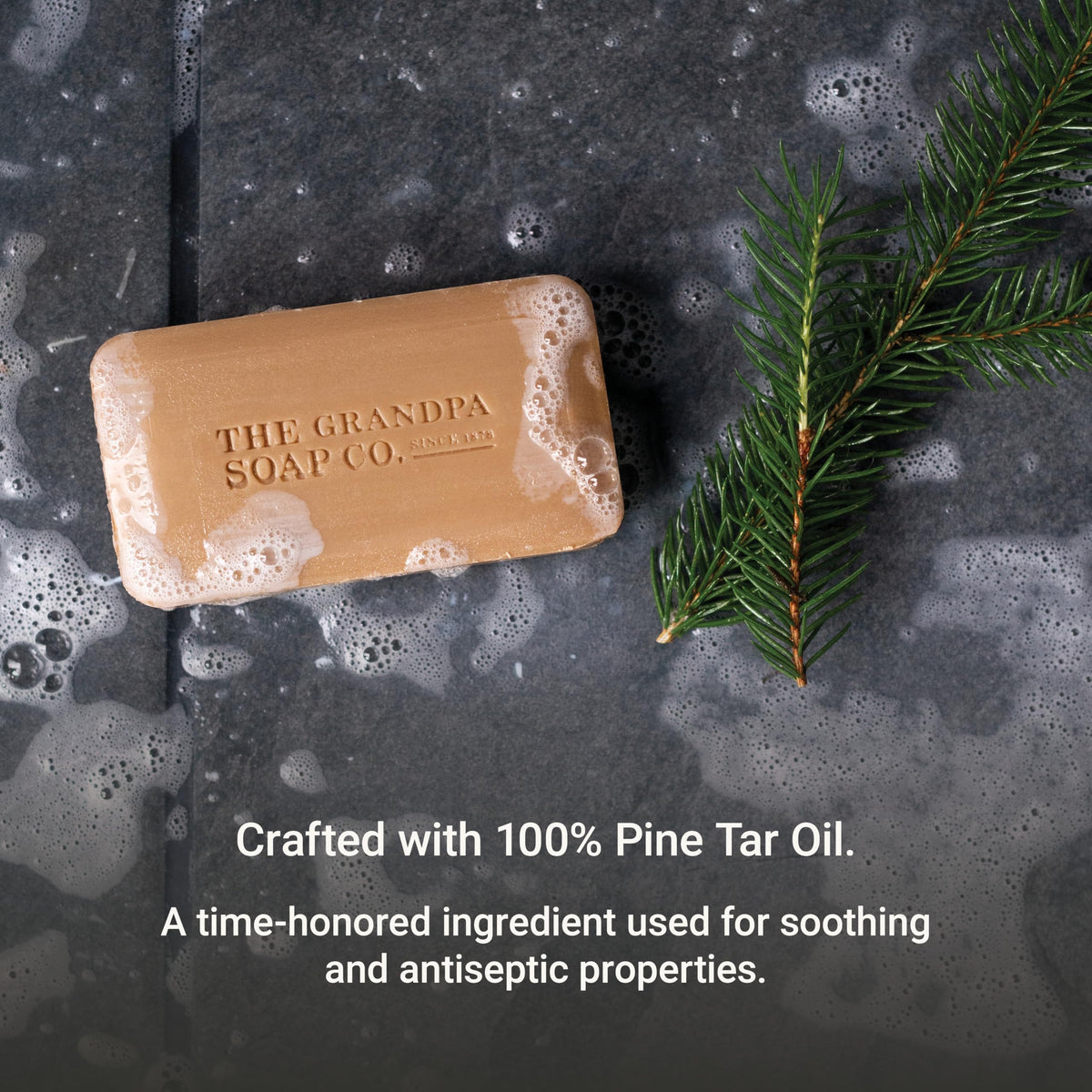 Grandpa's Pine Tar Bar Soap in a bathroom setting