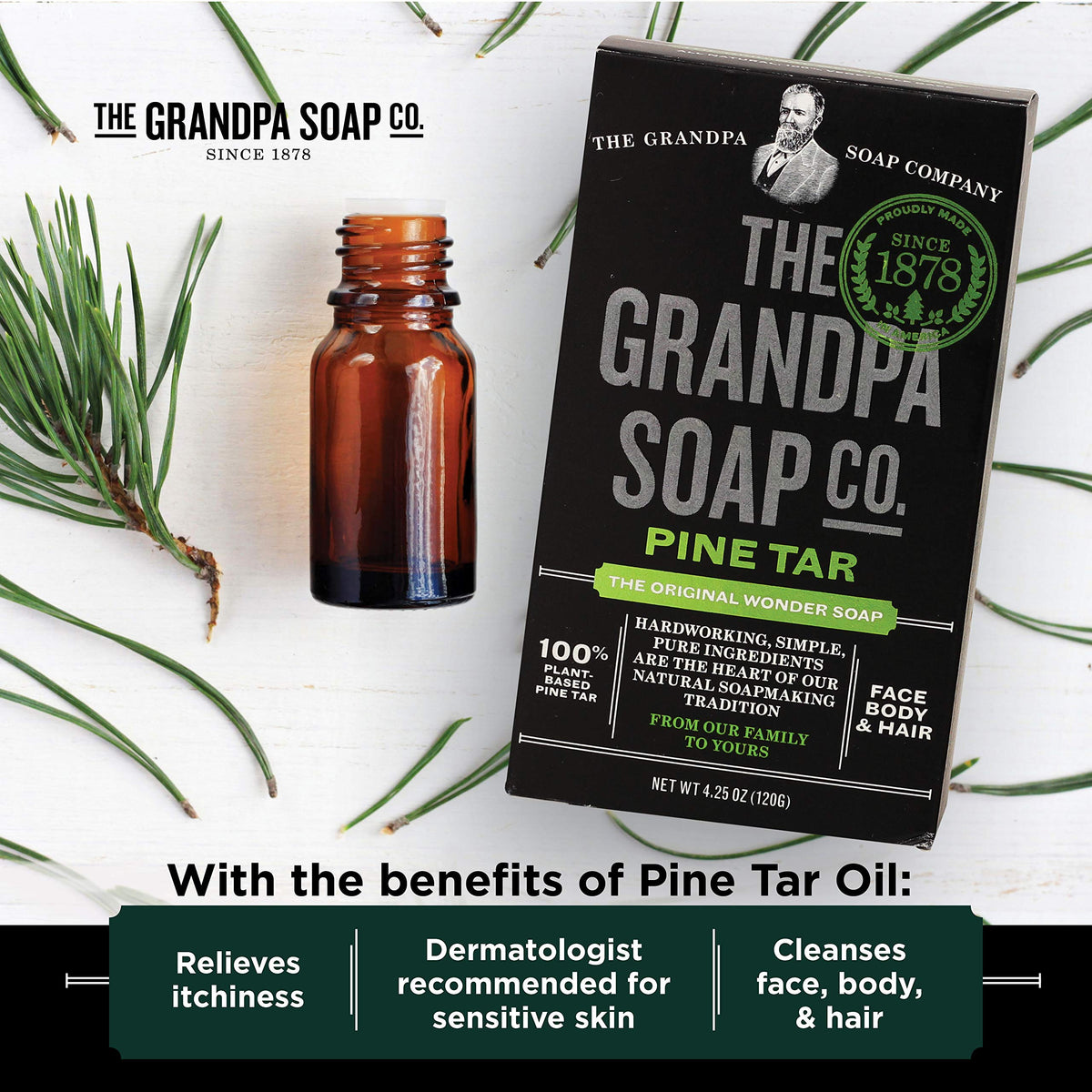 Grandpa's Pine Tar Bar Soap on a bathroom counter