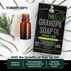 Grandpa's Pine Tar Bar Soap on a bathroom counter