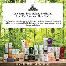 Grandpa's Pine Tar Bar Soap with a rustic background