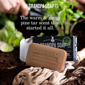 Grandpa's Pine Tar Soap 150g in a bathroom setting