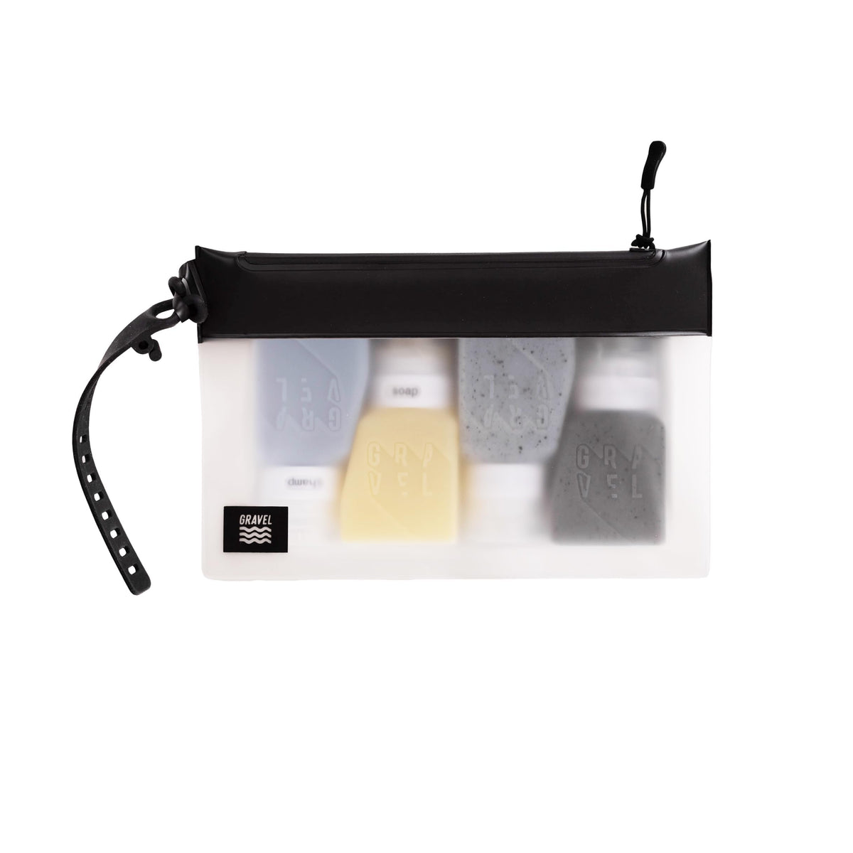 Gravel 3oz travel bottles in clear TSA-approved bag