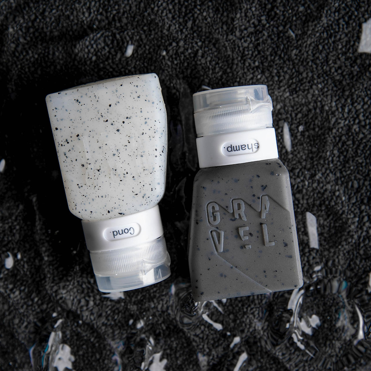 Gravel travel bottles for lotions and body wash