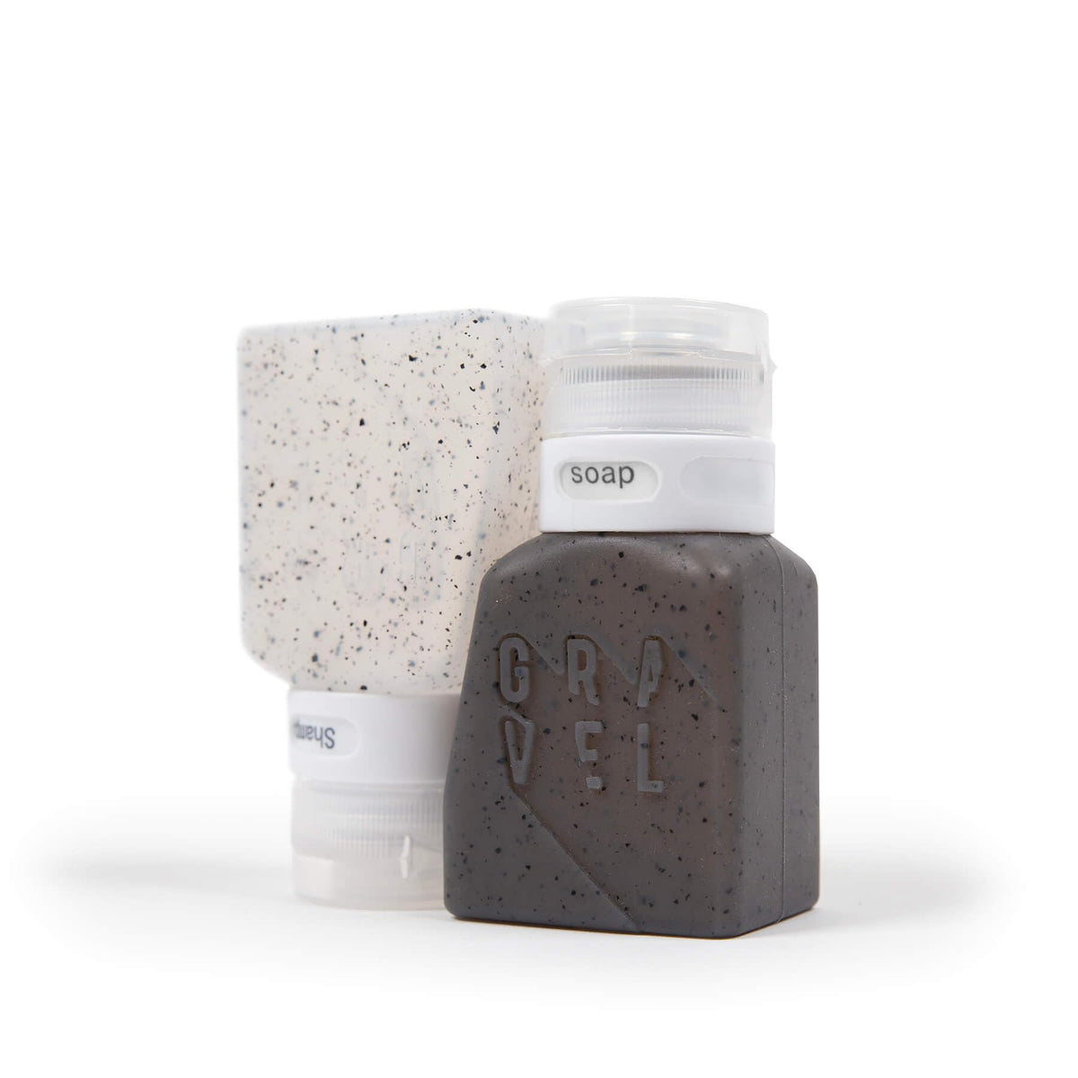 Gravel travel bottles with shampoo and conditioner
